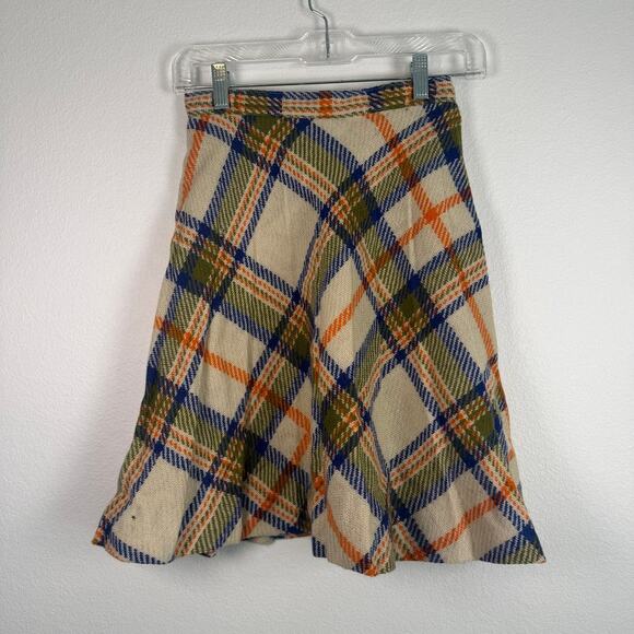 Vintage Loubella 19760s 1970s Vest Skirt Set Wool Plaid Golden Buttons XS Orange - Picture 8 of 11